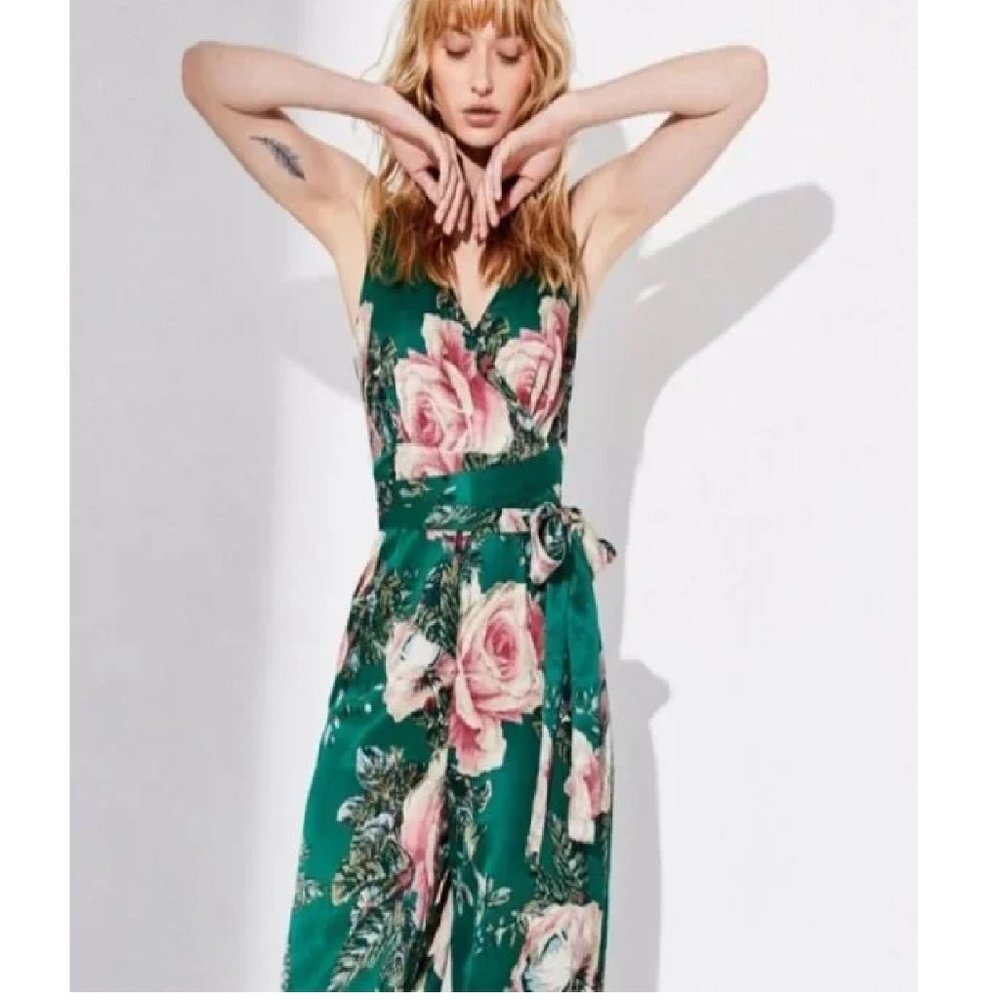 Free People Boho Cabbage Rose Satin Silky Floral Jumpsuit Drapery Green Pink Siz